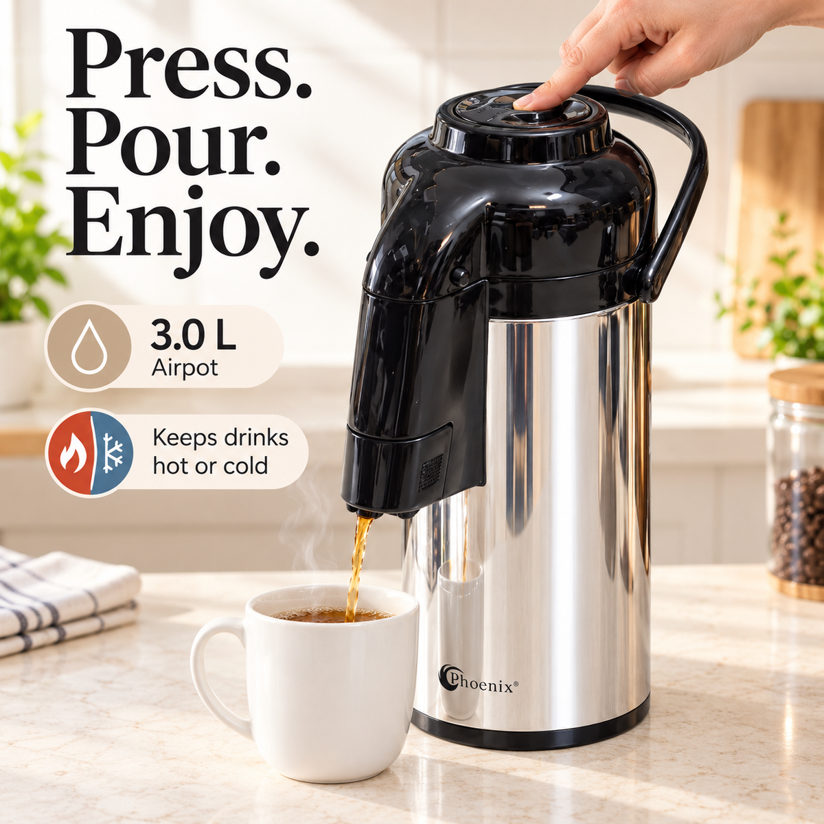 3L Hot & Cold Airpot Thermos with Rotating Base & Glass Inner Flask