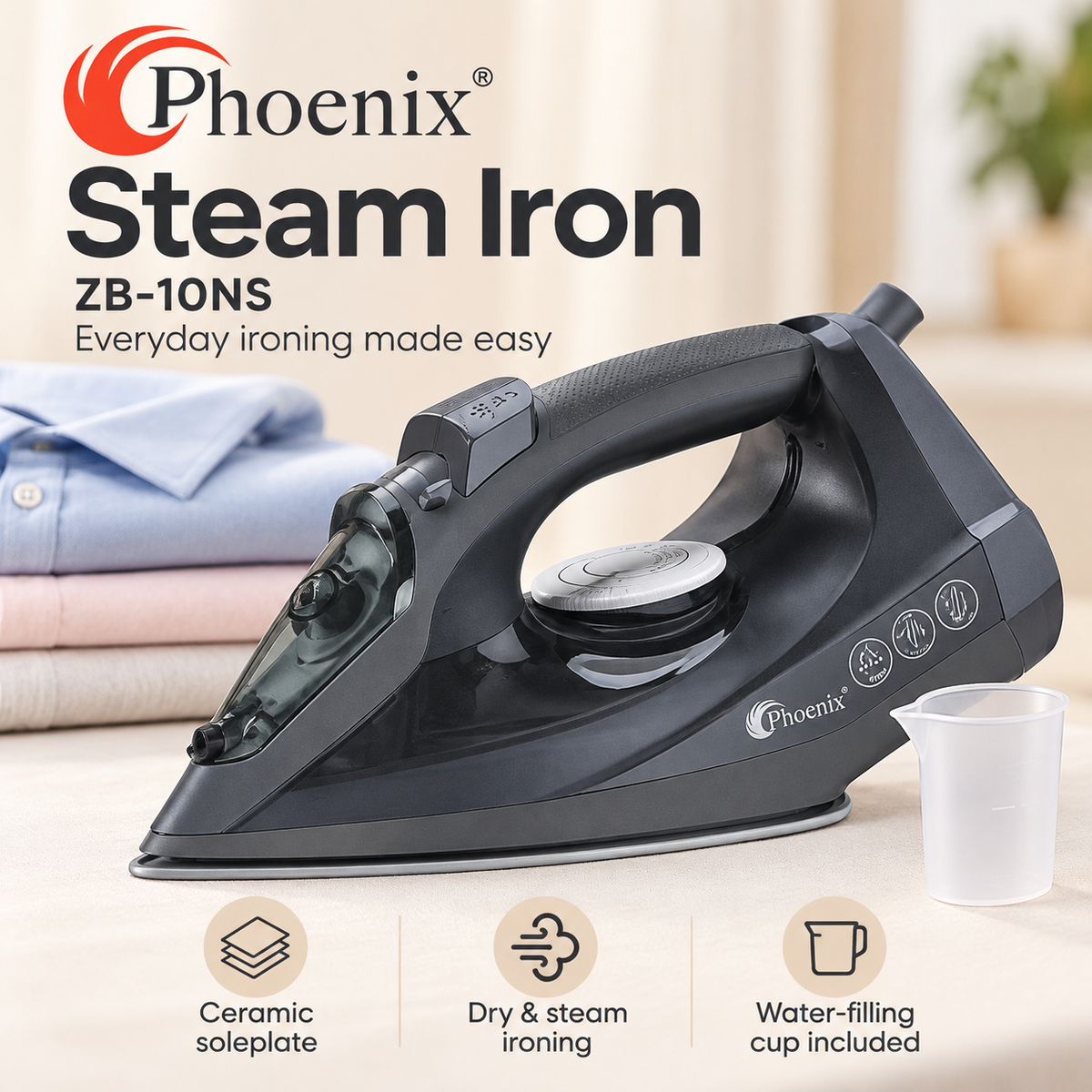 Phoenix ZB-10NS Ceramic Steam Iron with Water-Filling Cup – Dark Grey