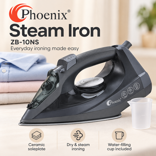 Phoenix ZB-10NS Ceramic Steam Iron with Water-Filling Cup – Dark Grey