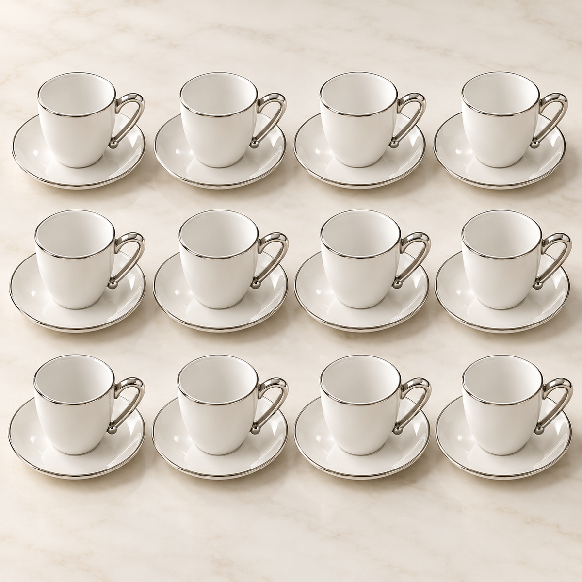 White & Silver Coffee Cup and Saucer Set – 12 Cups & 12 Saucers