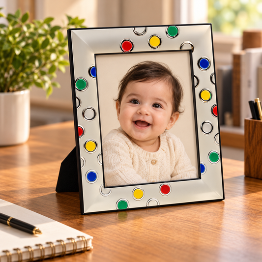 Stainless Steel Photo Frame with Colorful Circle Details – Fits 14.5 × 19.5 cm Photo