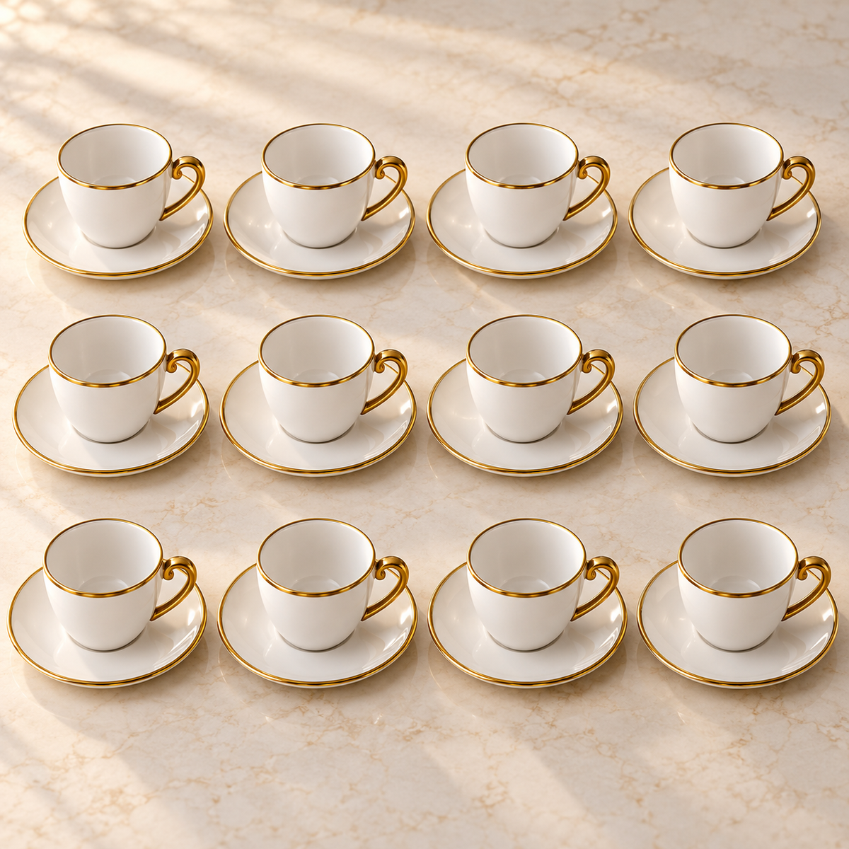 White & Gold Coffee Cup and Saucer Set – 12 Cups & 12 Saucers