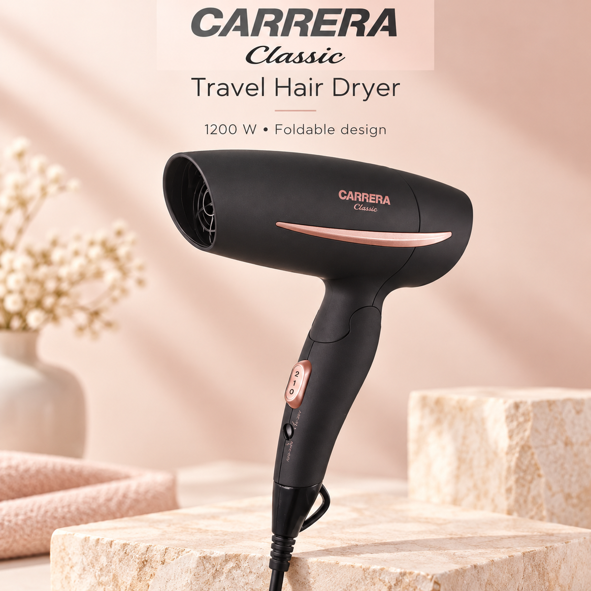 CARRERA Classic 1200W Foldable Travel Hair Dryer – Black & Rose Gold