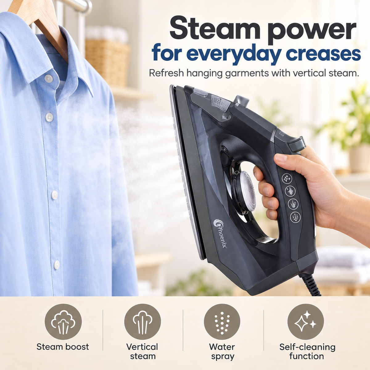 Phoenix ZB-10NS Ceramic Steam Iron with Water-Filling Cup – Dark Grey