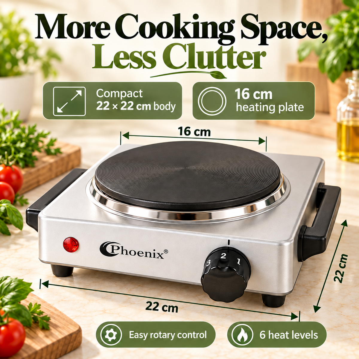 Phoenix Single Electric Hot Plate – 1000W, 6 Adjustable Heat Levels, TH-02
