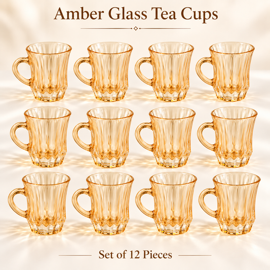 Amber Fluted Glass Tea Cups – Set of 12