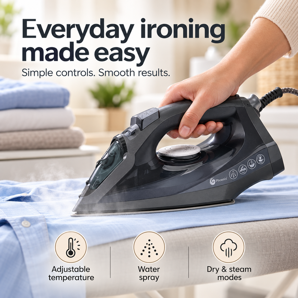 Phoenix ZB-10NS Ceramic Steam Iron with Water-Filling Cup – Dark Grey