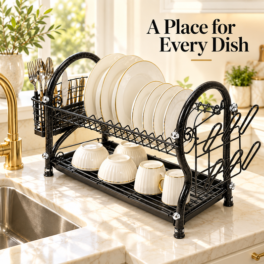 2-Tier Dish Drying Rack – Black Marble Finish with Water Tray