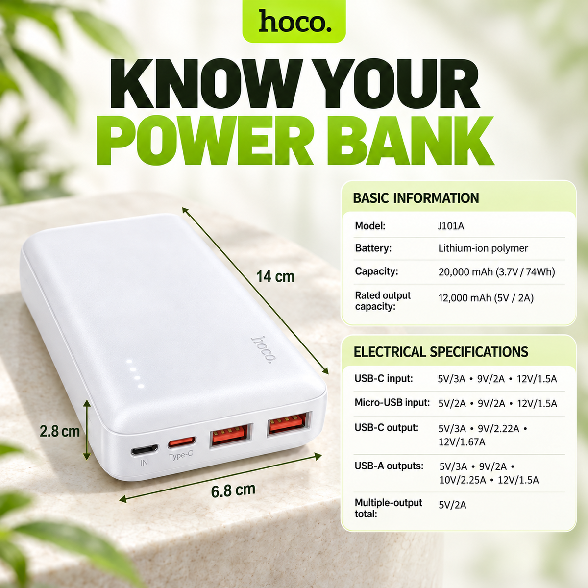 Hoco J101A 20,000mAh Fast Charging Power Bank – 22.5W & PD 20W – White