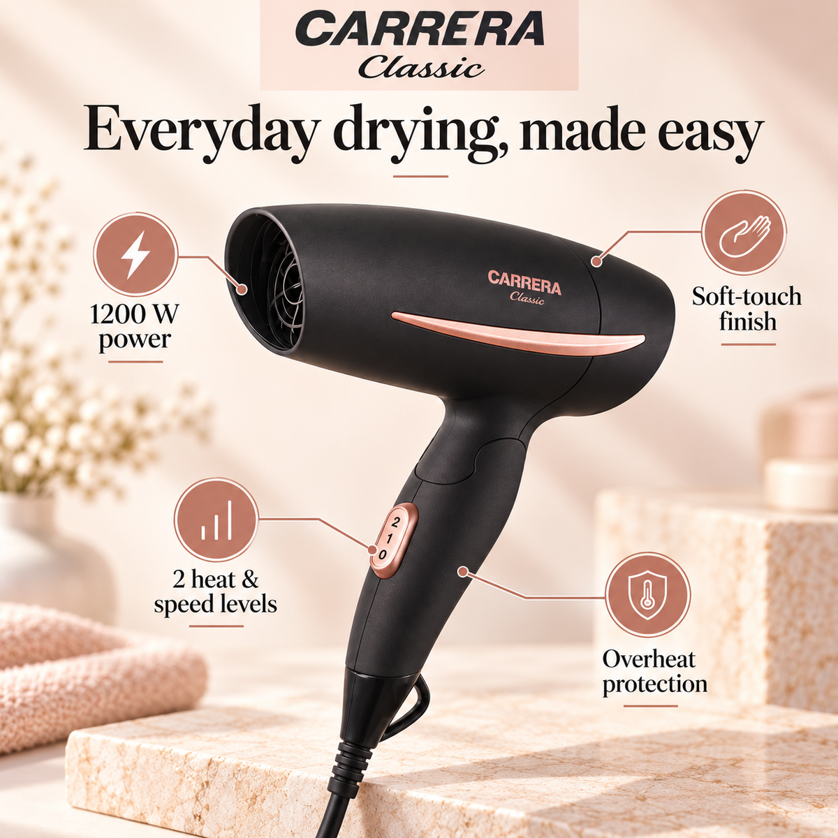 CARRERA Classic 1200W Foldable Travel Hair Dryer – Black & Rose Gold