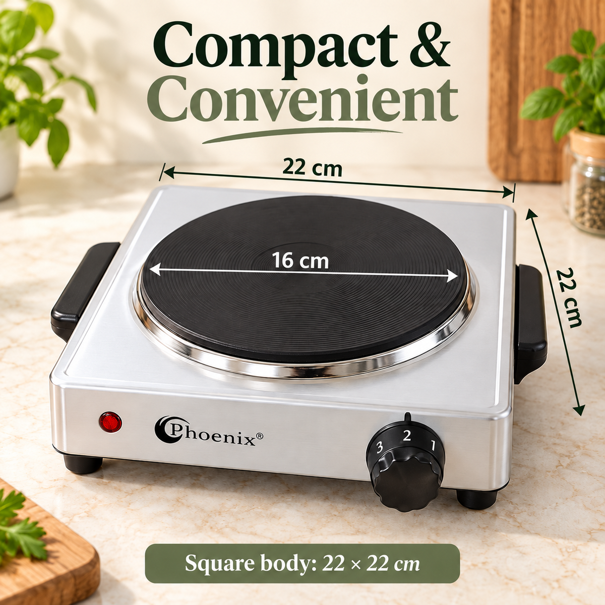 Phoenix Single Electric Hot Plate – 1000W, 6 Adjustable Heat Levels, TH-02