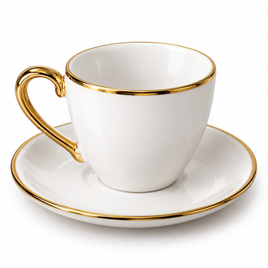 White & Gold Coffee Cup and Saucer Set – 12 Cups & 12 Saucers