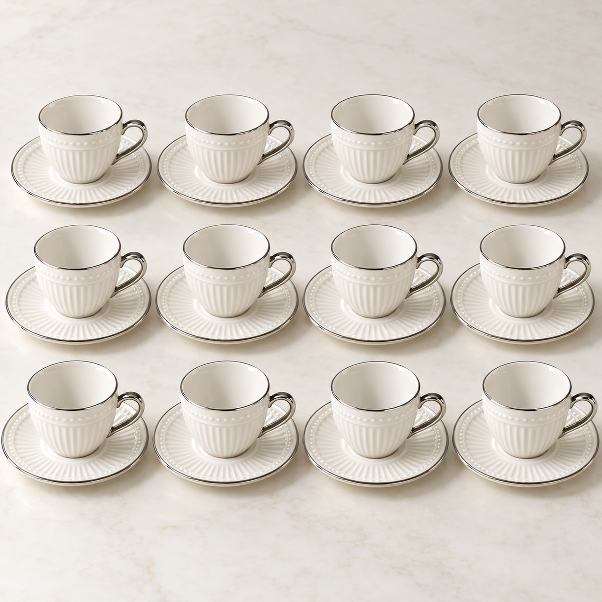 White Ribbed Coffee Cup & Saucer Set with Silver Trim – 12 Cups & 12 Saucers