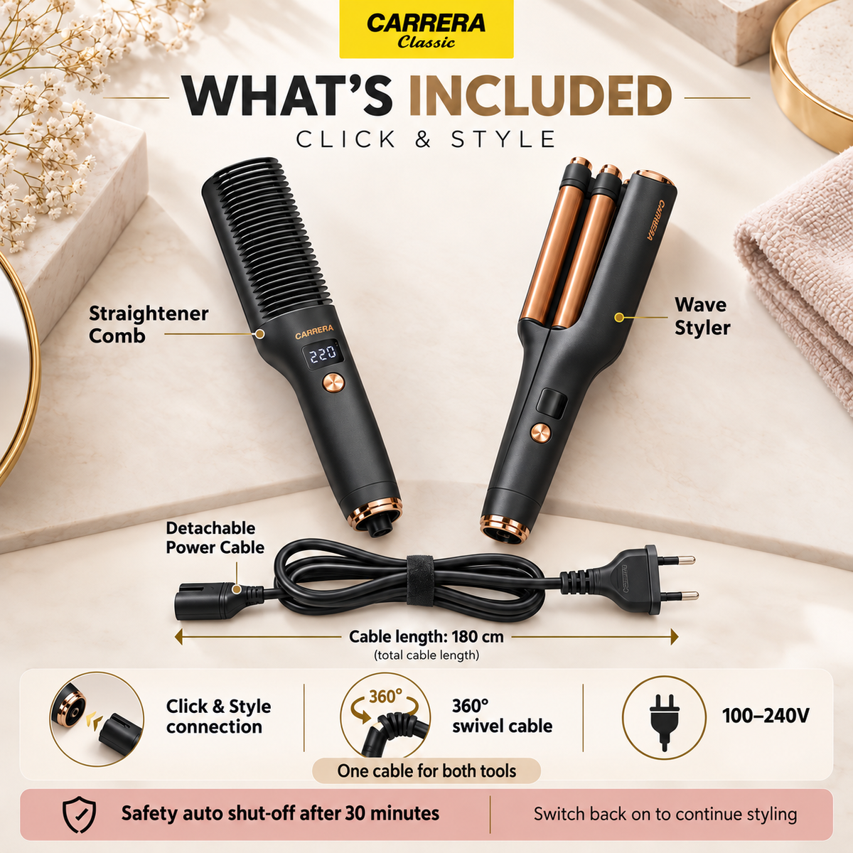 Carrera Classic Click & Style Straightener Comb & Wave Styler Set
