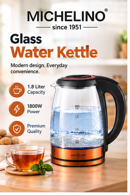 MICHELINO 1.8L Glass Electric Kettle – 1800W with Blue LED Light & 360° Rotating Base