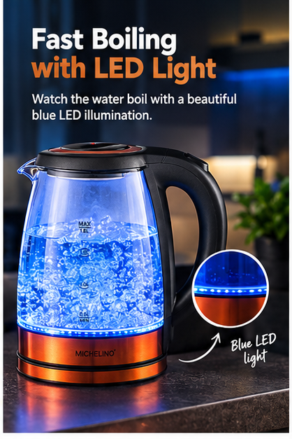 MICHELINO 1.8L Glass Electric Kettle – 1800W with Blue LED Light & 360° Rotating Base