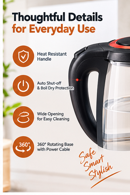 MICHELINO 1.8L Glass Electric Kettle – 1800W with Blue LED Light & 360° Rotating Base