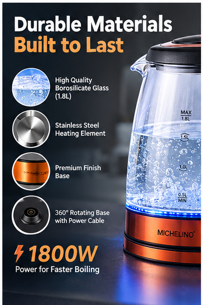 MICHELINO 1.8L Glass Electric Kettle – 1800W with Blue LED Light & 360° Rotating Base