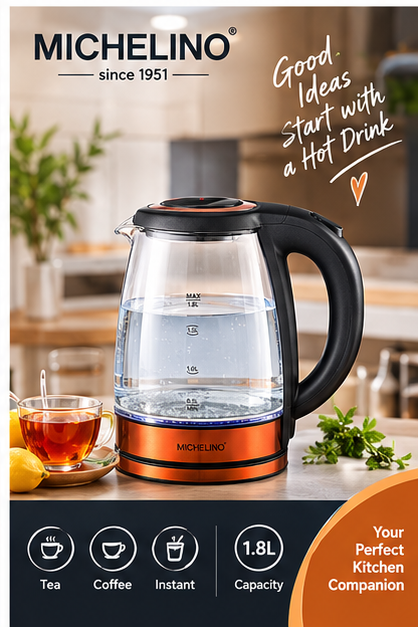 MICHELINO 1.8L Glass Electric Kettle – 1800W with Blue LED Light & 360° Rotating Base