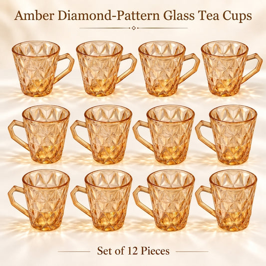 Amber Diamond-Pattern Glass Tea Cups – Set of 12
